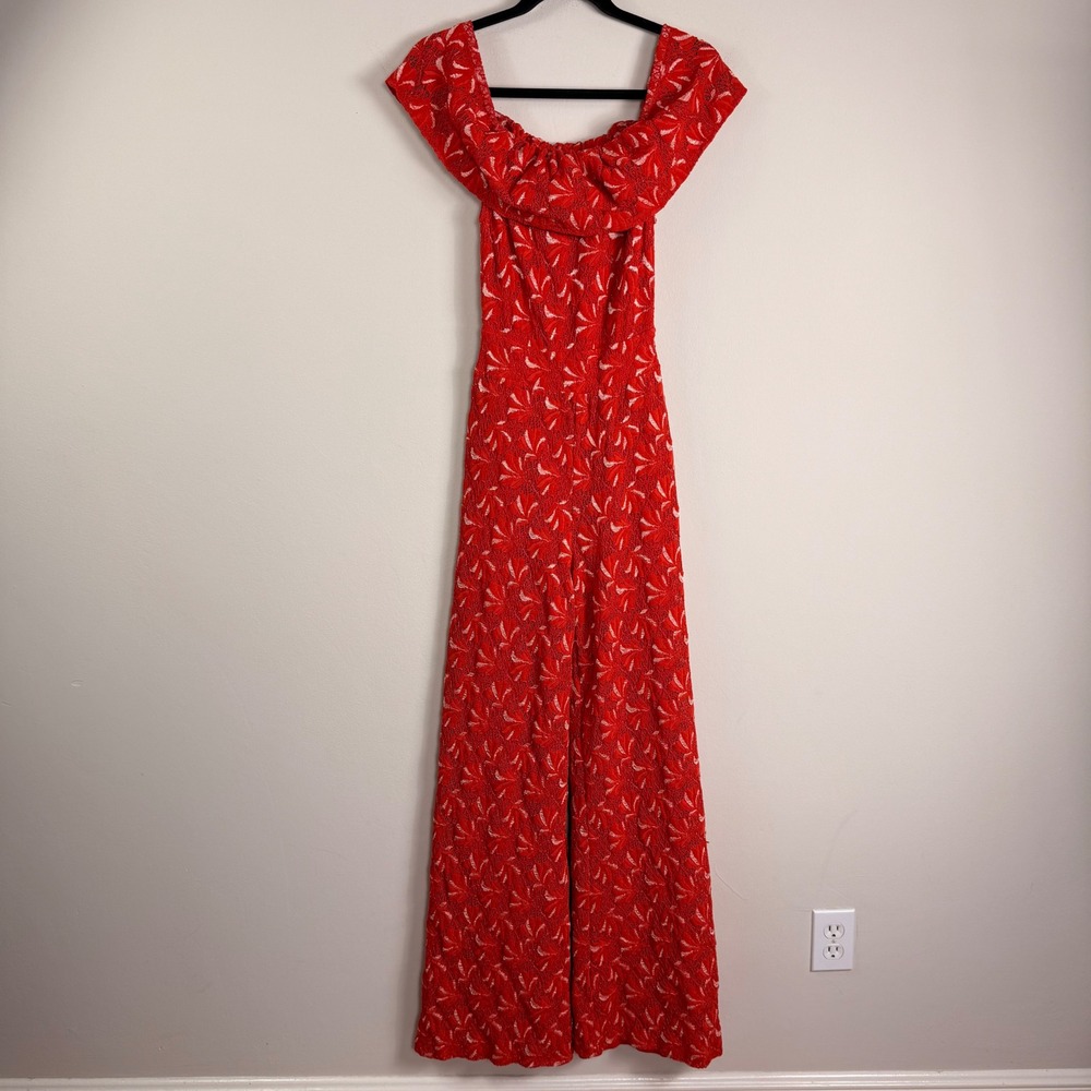 Nightcap Clothing Red Lace Crochet Wide Leg‎ Jumpsuit Open Back Ruffle XS